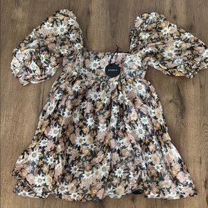 NWT Storia Floral Puff Sleeve Mini Dress - Black, White, Brown